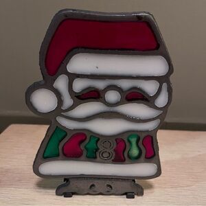 Stained Glass Cast Iron Santa Tea Light Holder Vintage Holiday Decor